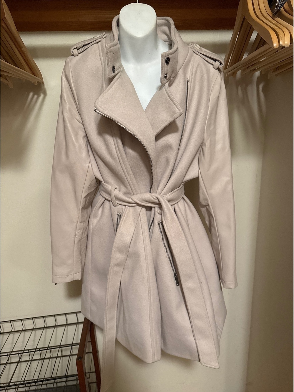 Light Pink Women's Wool Coat w/Leather Sleeves & Belted Waist by LA Coalition
